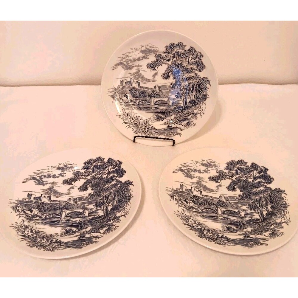 Vtg Enoch Wedgwood "Countryside" Blue & White 10" Dinner Plates Set Of 3 1960
